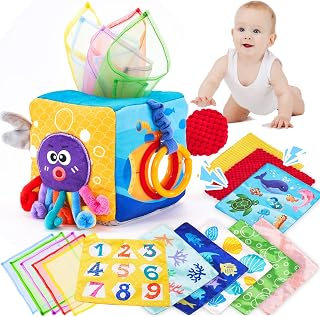 Hahaland Montessori Baby Tissue Box Toy 6-12 Months - Textured Tails, Crinkle Tissues, Squeaky Sounds, Mirror & Sensory Scarves for Fine Motor Skills