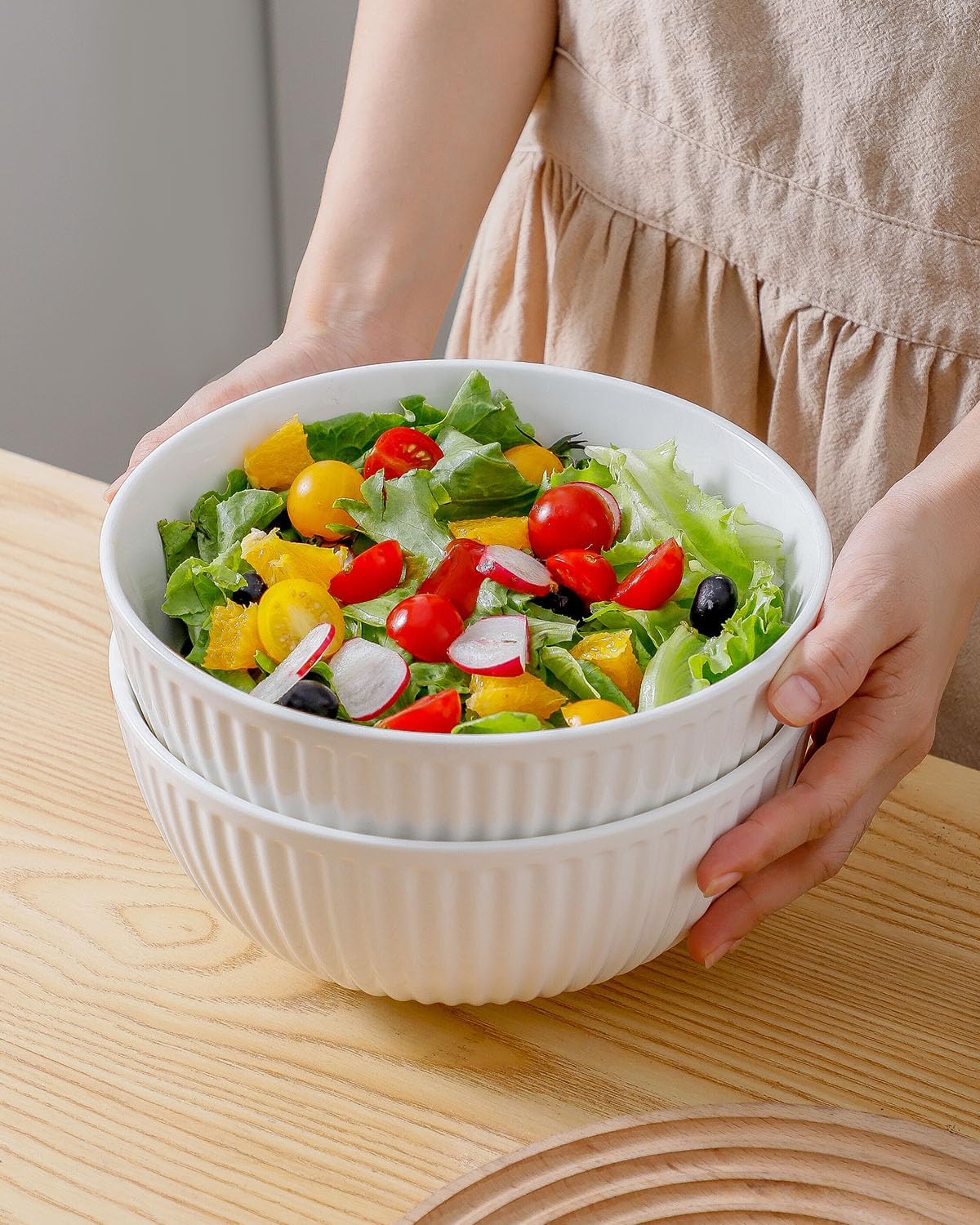 HASENSE Large Salad Bowls of 2, Porcelain 60 Oz Serving Bowl 8 Inch for Kitchen Dining,Elegant Ribbed White Ceramic Dishes for Party,Soup,Pho,Pasta,Cereal,Fruit - Dishwasher & Microwave Safe