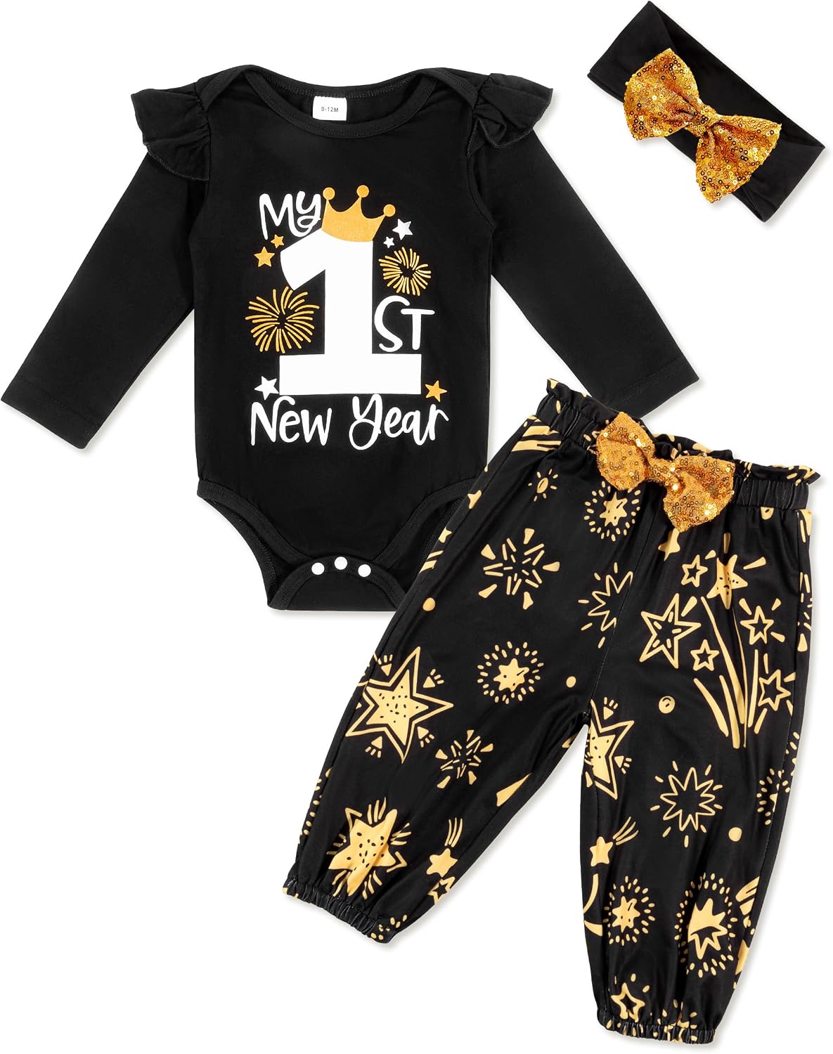 My First New Years Baby Girl Outfit Ruffle Long Sleeve Top Party Gift Pattern Pants Headband 3 Piece Set