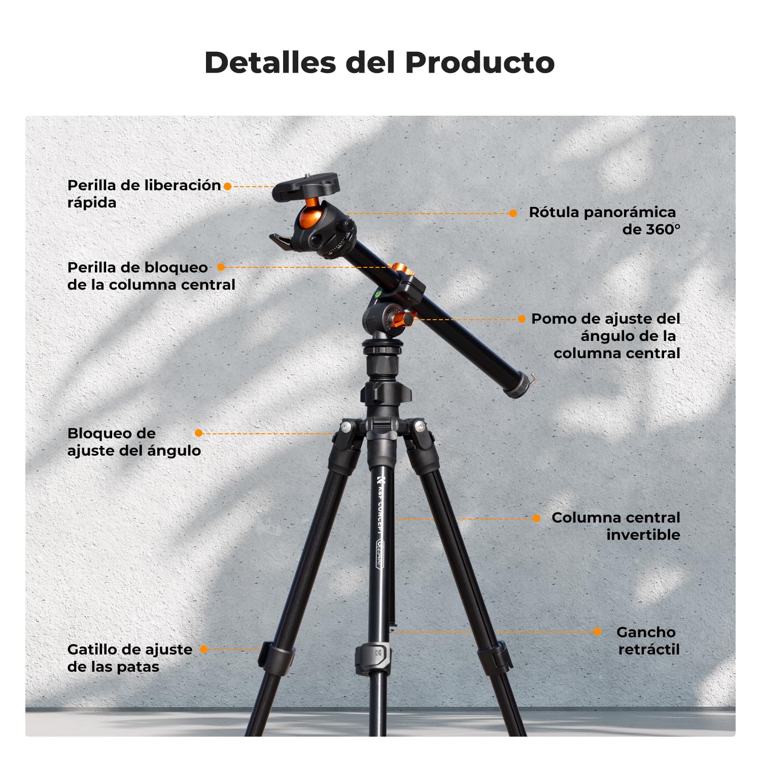 K&F CONCEPT O234A1+BH-36 Tripode Camara con Brazo Extensible 195CM, Trípode Viaje Cámara con Soporte de Teléfono, Trípode Ligero en Aluminio