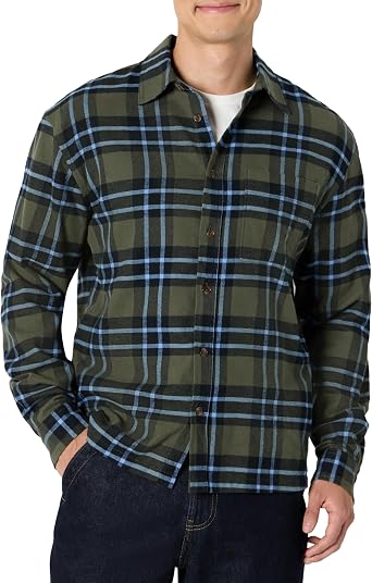 Amazon Essentials Mens Relaxed-Fit Long-Sleeve Flannel Shirt with Button Front Closure, Spread Collar, Chest Pocket