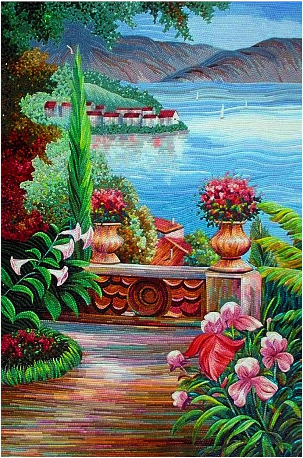 Handmade Lakeside Garden Glass Mosaic Wall Art – Hand-Cut Natural Tile Garden Landscape Mosaic Tile Wall Art for Interior Wall Décor