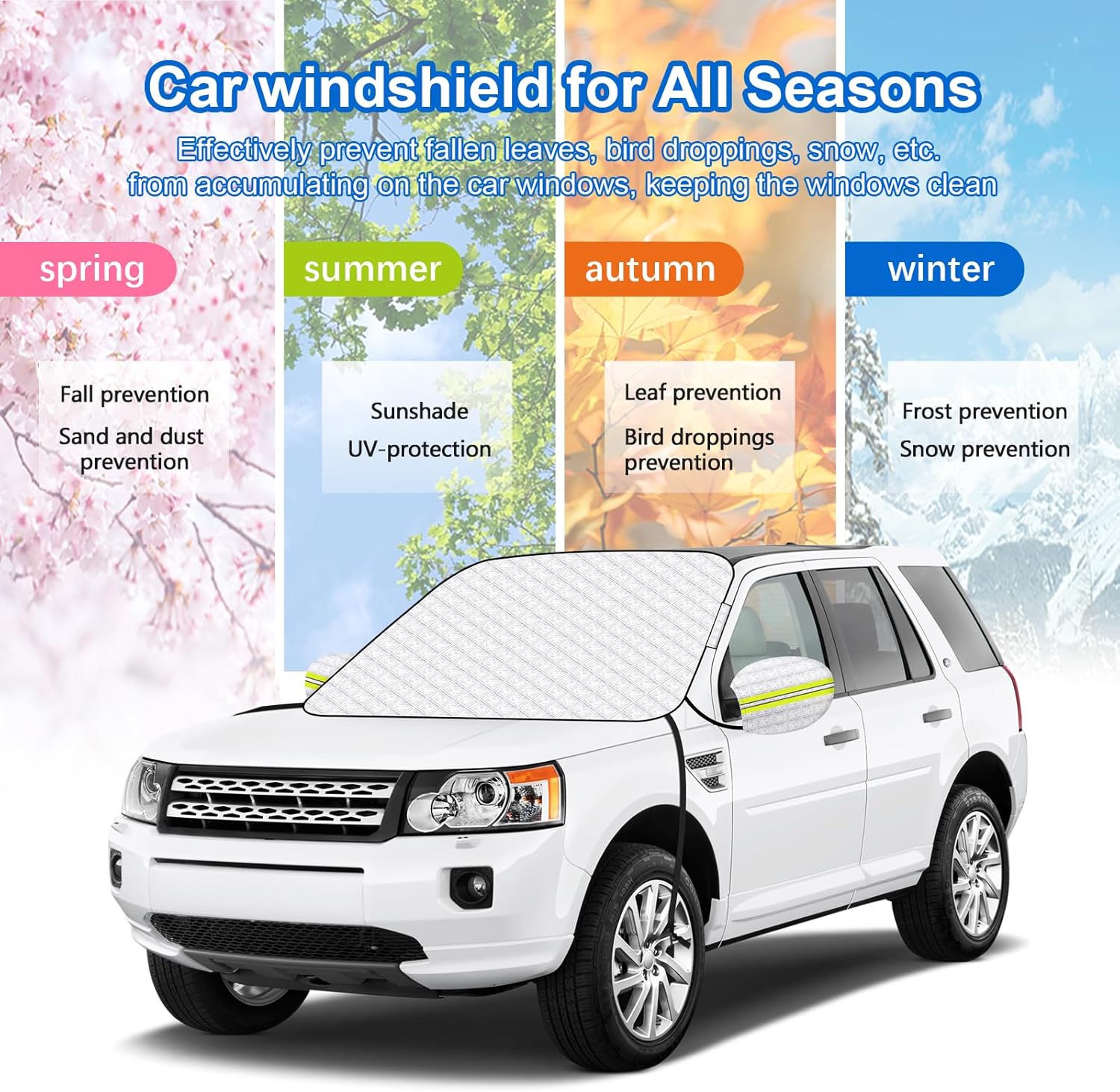 Car Windshield Sun Shade | Snow Cover with Fixing Strap, Automotive Windshield Cover for Sun, Snow, Ice, Frost, Dust Windshield Cover Car Protector for Winter Summer(148x114cm)