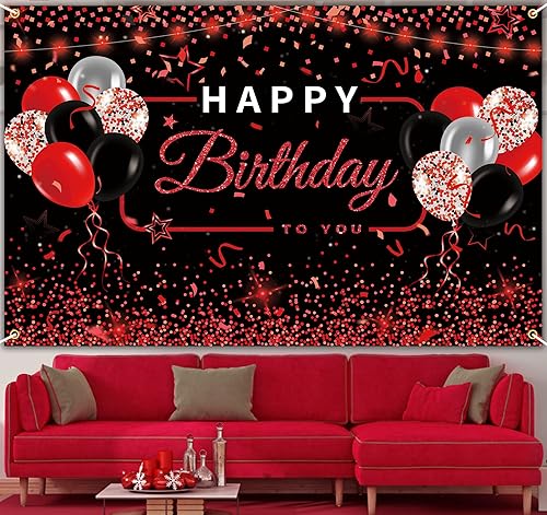 Miniatura 2 de Red Happy Birthday Background Banner Decoration, Red and Black Birthday Background Banner Sign Decoration Kids Mens Womens Anniversary Birthday