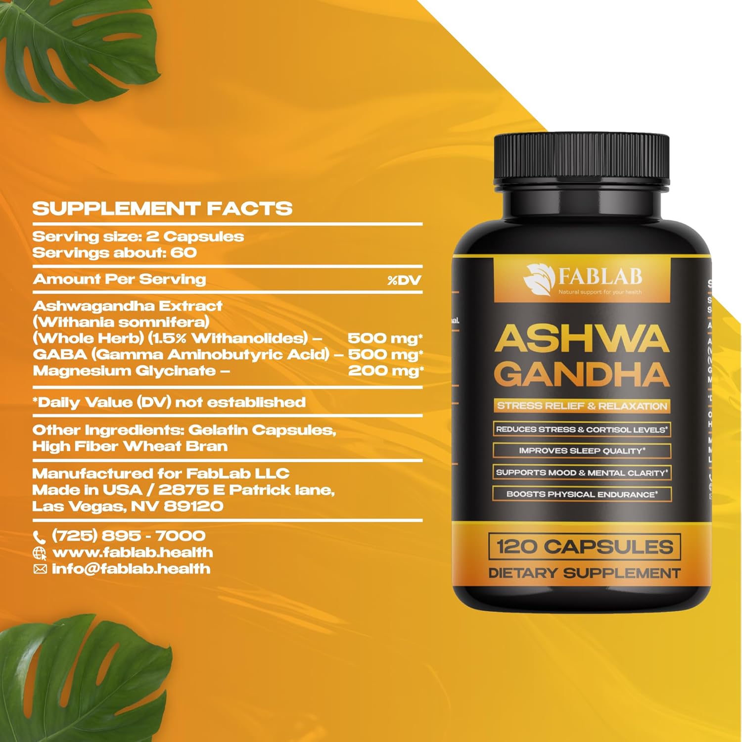 Ashwagandha, GABA & Magnesium Glycinate Supplement 120 Capsules Natural Stress Relief, Mood Support & Relaxation Sleep Aid & Adrenal Support Non-GMO - Image 8