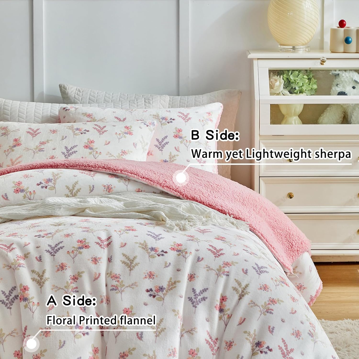 Joyreap 3pcs Flannel Comforter Set for Girls, Twin Size Fluffy Velvet Sherpa Bedding Comforter Set, Pink n White Floral Design, Soft Warm Plush Bedding Set- 68x88 inches