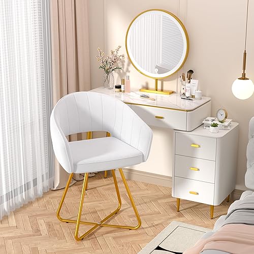 Miniatura 8 de VECELO Juego de 2 sillas decorativas de terciopelo, sillas de lujo para tocador y comedor con base de cruz dorada, sillón tapizado giratorio de 360