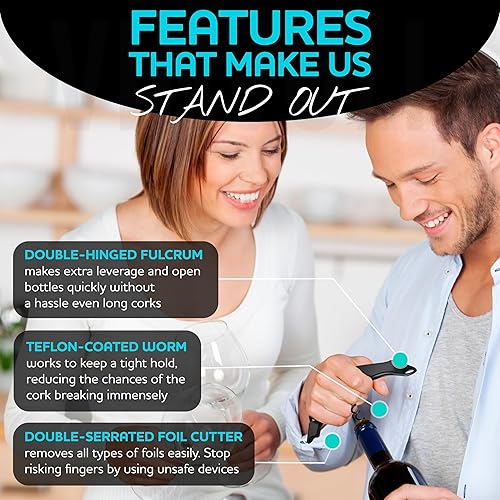 Miniatura 5 de Vinvoli Sacacorchos profesional para camareros - Abridor de botellas multifuncional 3 en 1 con tornillo de corcho, llave de vino con cortador de