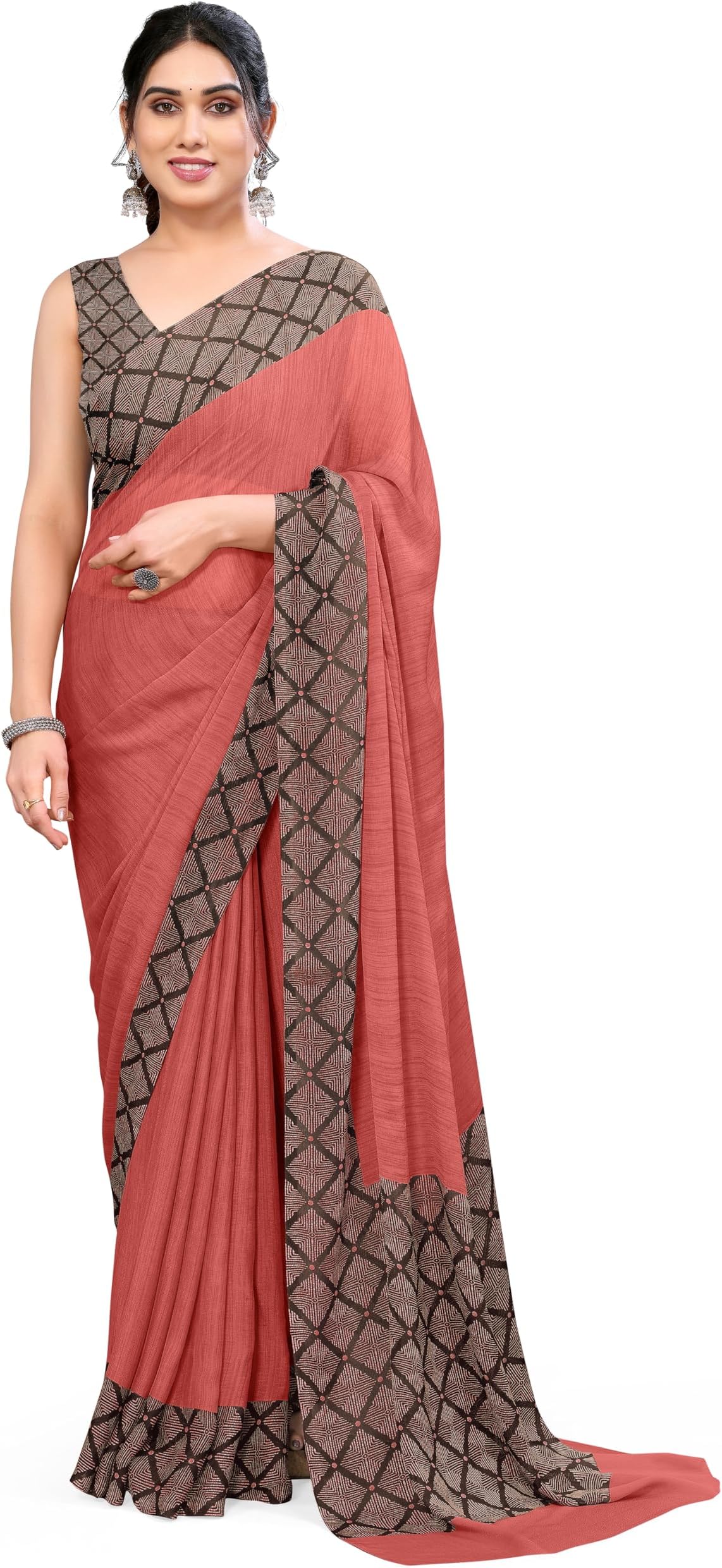 MIRCHI FASHION Women's Chiffon Ajrakh Border Pallu Pririnted Solid Saree with Blouse Piece