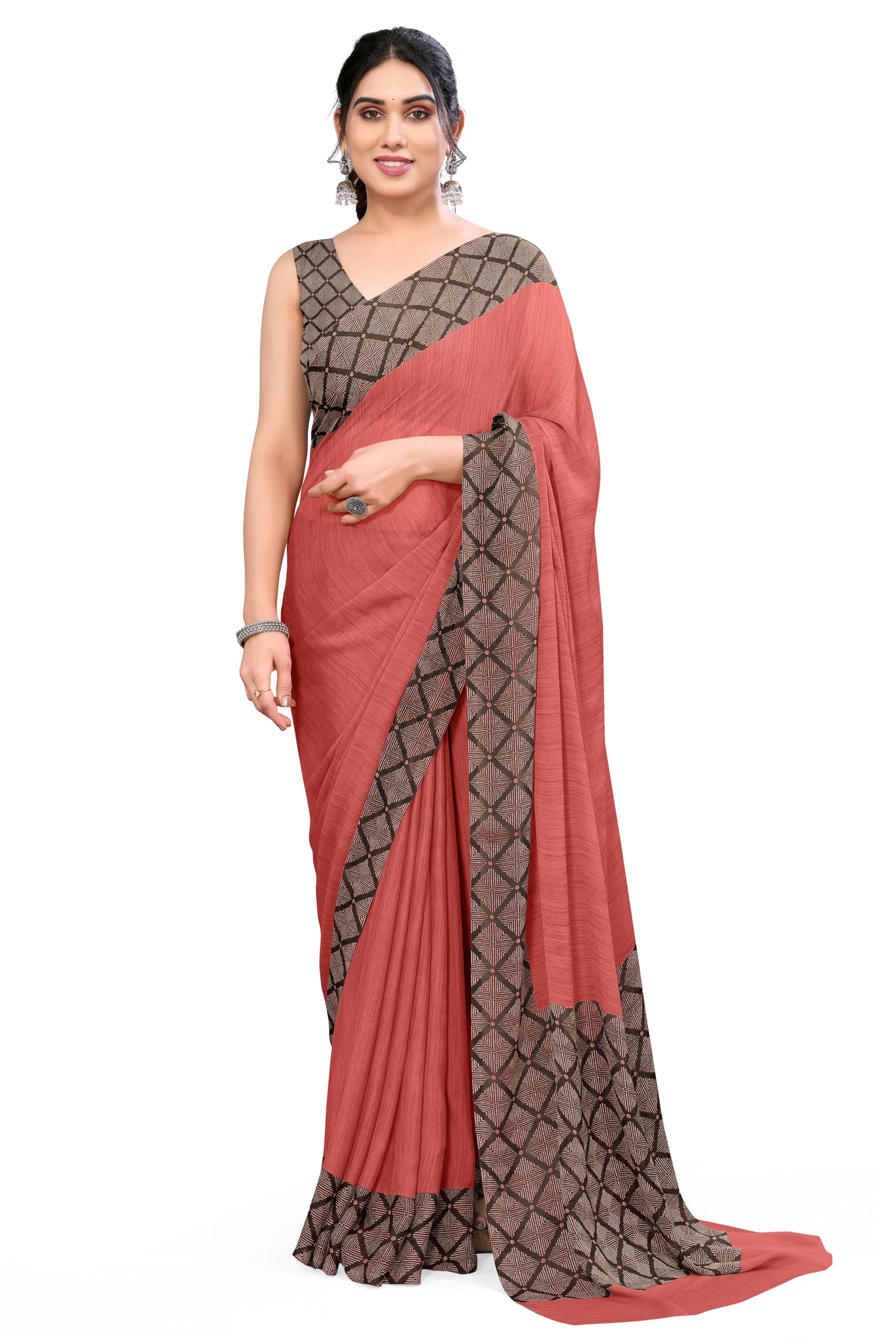 MIRCHI FASHION Women's Chiffon Ajrakh Border Pallu Pririnted Solid Saree with Blouse Piece