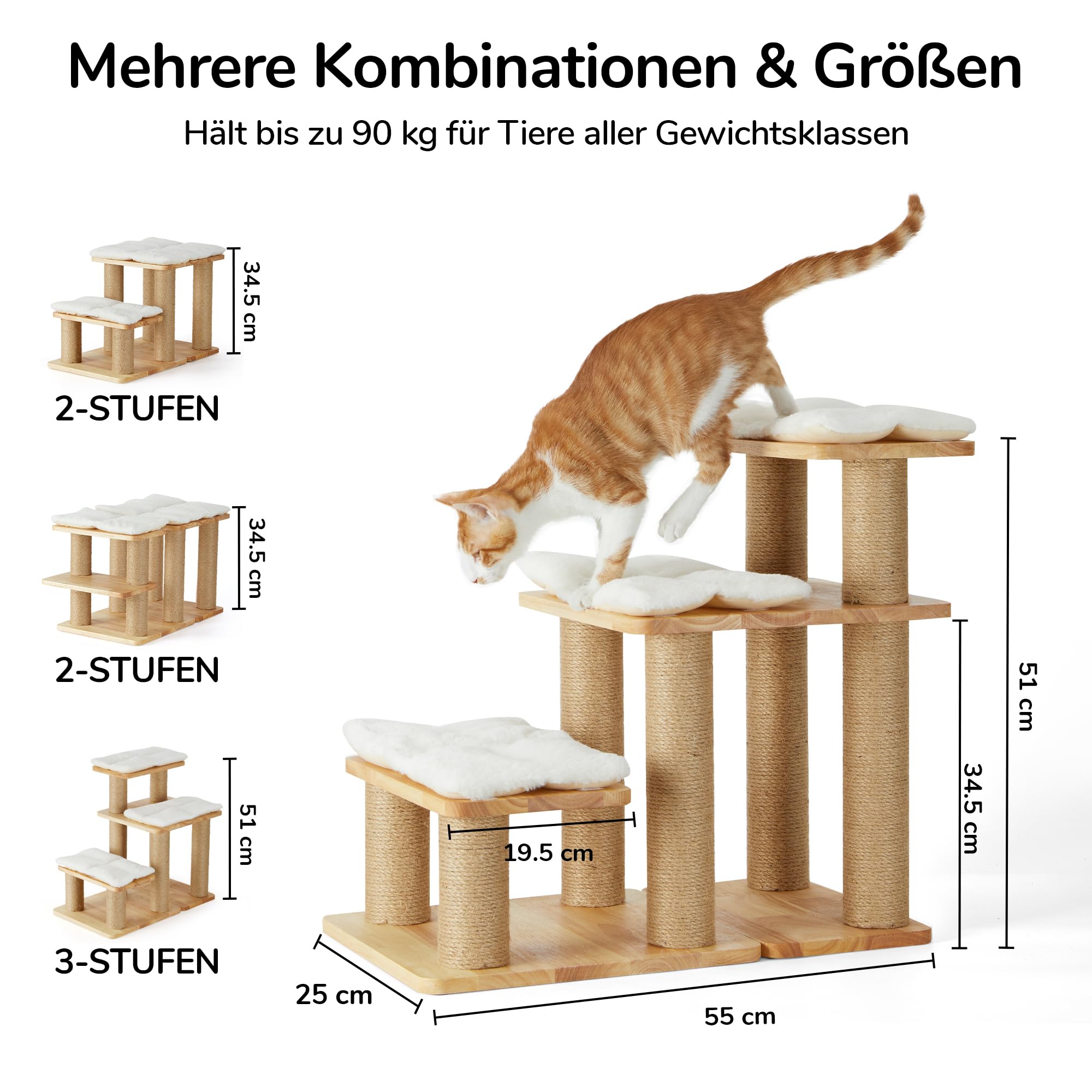 FUKUMARU Hundetreppe, 3 Stufen Haustiertreppe, Katzentreppe aus natürlichem Gummiholz und Jute，18-51cm einstellbare Höhe, Hält bis zu 90 kg，Plüschkissen waschbar, 6 Kombinationsmöglichkeiten