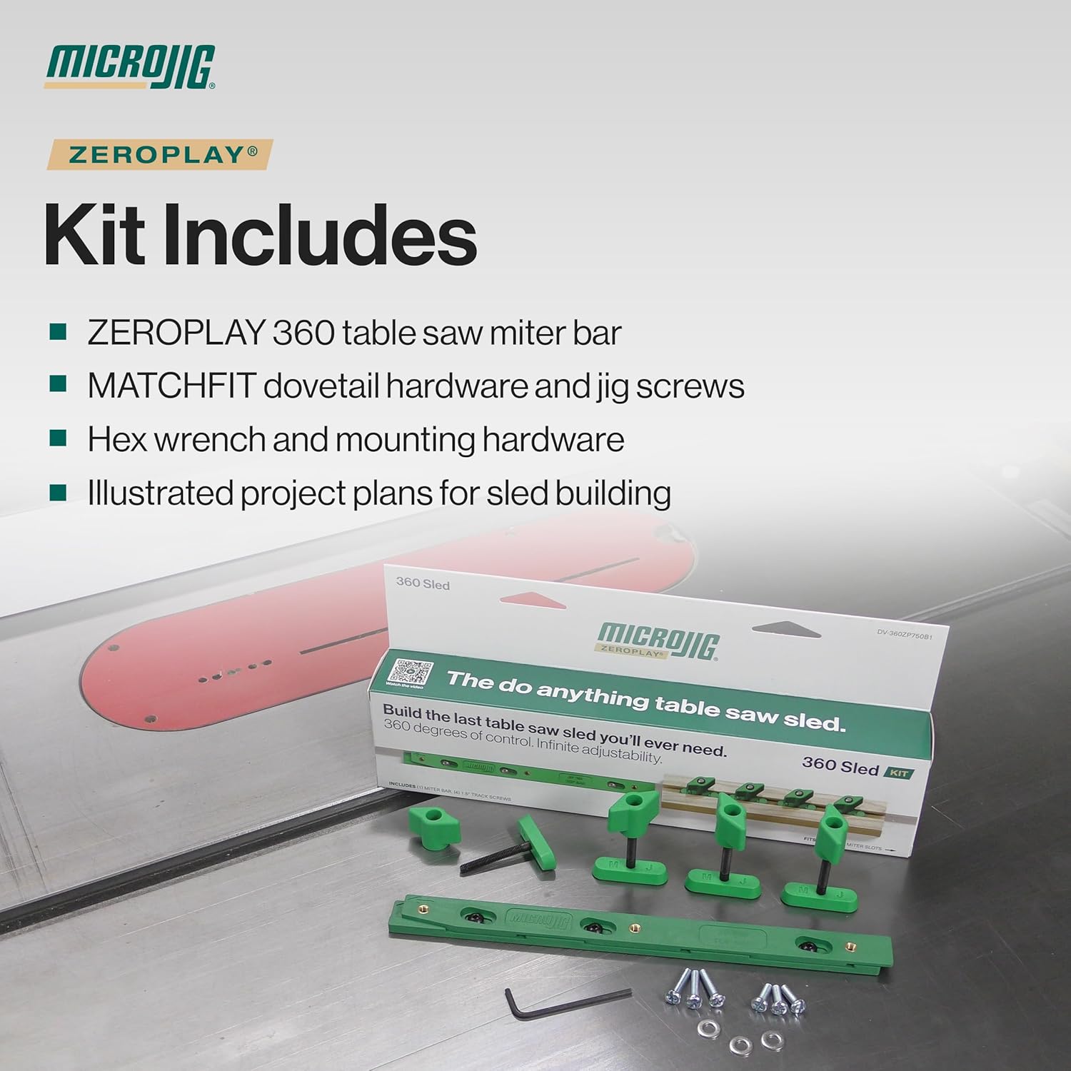 MICROJIG ZEROPLAY 360 Sled Kit with MatchFit Dovetail Hardware, Table Saw Sled for Crosscut Jig Building, Project Plans Included, 9.5" x 0.3125" x 0.78”, DV-360ZP750B1