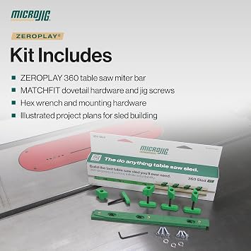 MICROJIG ZEROPLAY 360 Sled Kit with MatchFit Dovetail Hardware, Table Saw Sled for Crosscut Jig Building, Project Plans Included, 9.5 x 0.3125 x 0.78, DV-360ZP750B1