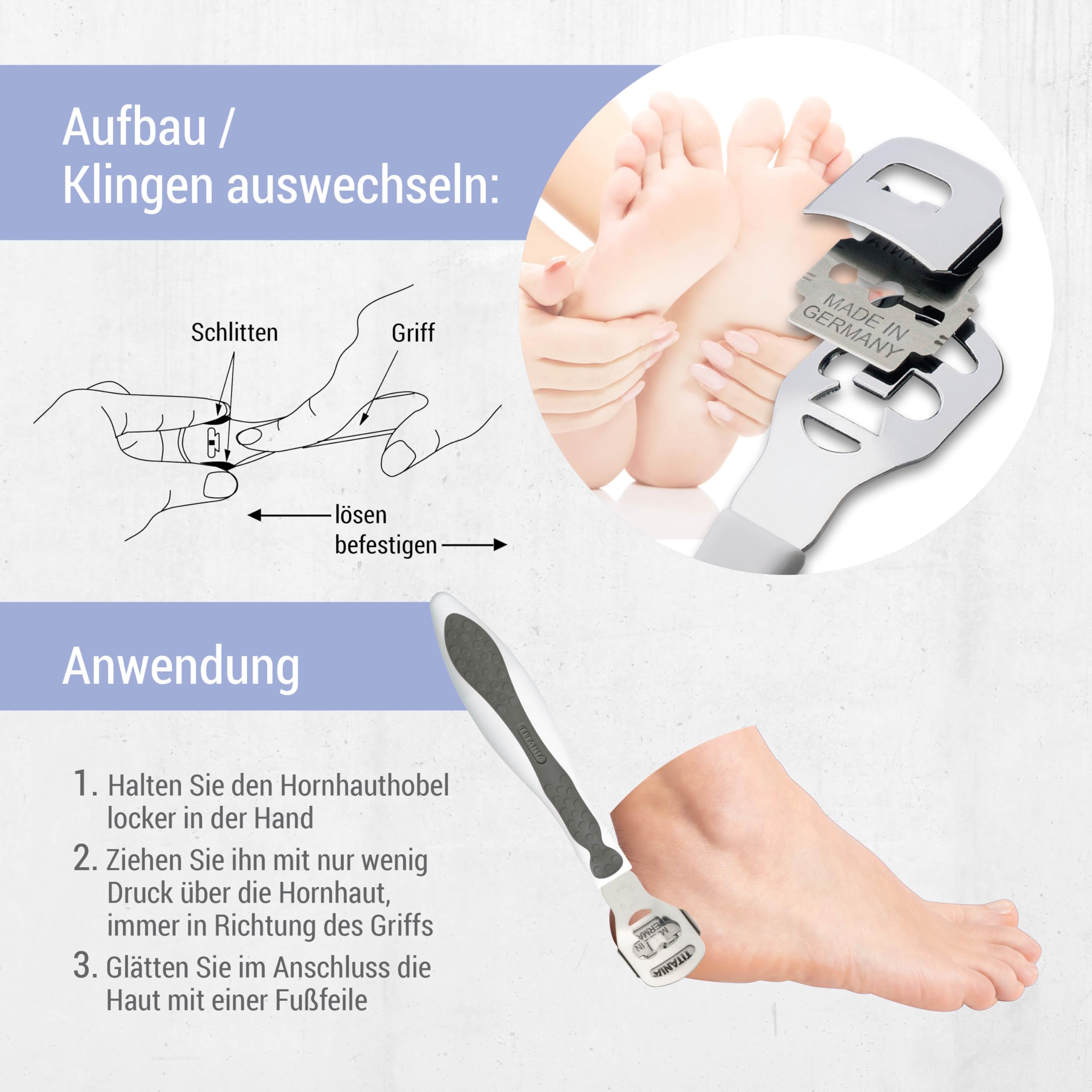 Hornhaut-Pflegeset für Füße | Hornhautfeile & Hornhauthobel mit Klingen + Intensive Fußbutter | Für glatte, gepflegte Füße