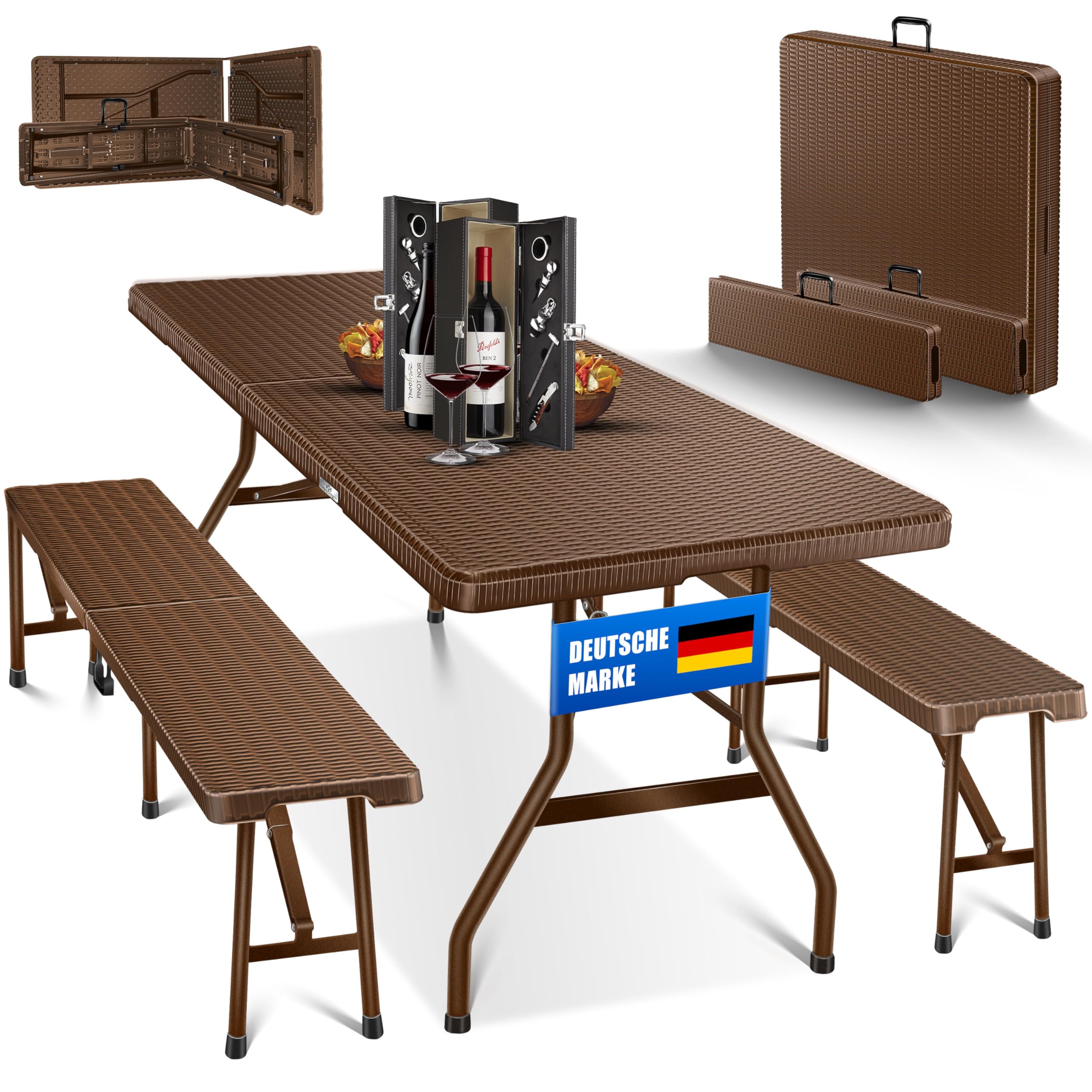 KESSER® Juego de Tienda de Cerveza - Juego de 3 Piezas, Mesa + 2X Banco, Mesa Plegable, Plástico, Juego de jardín con Aspecto de ratán/Plegable, Asas de Transporte, 73x180x75 cm, Marrón
