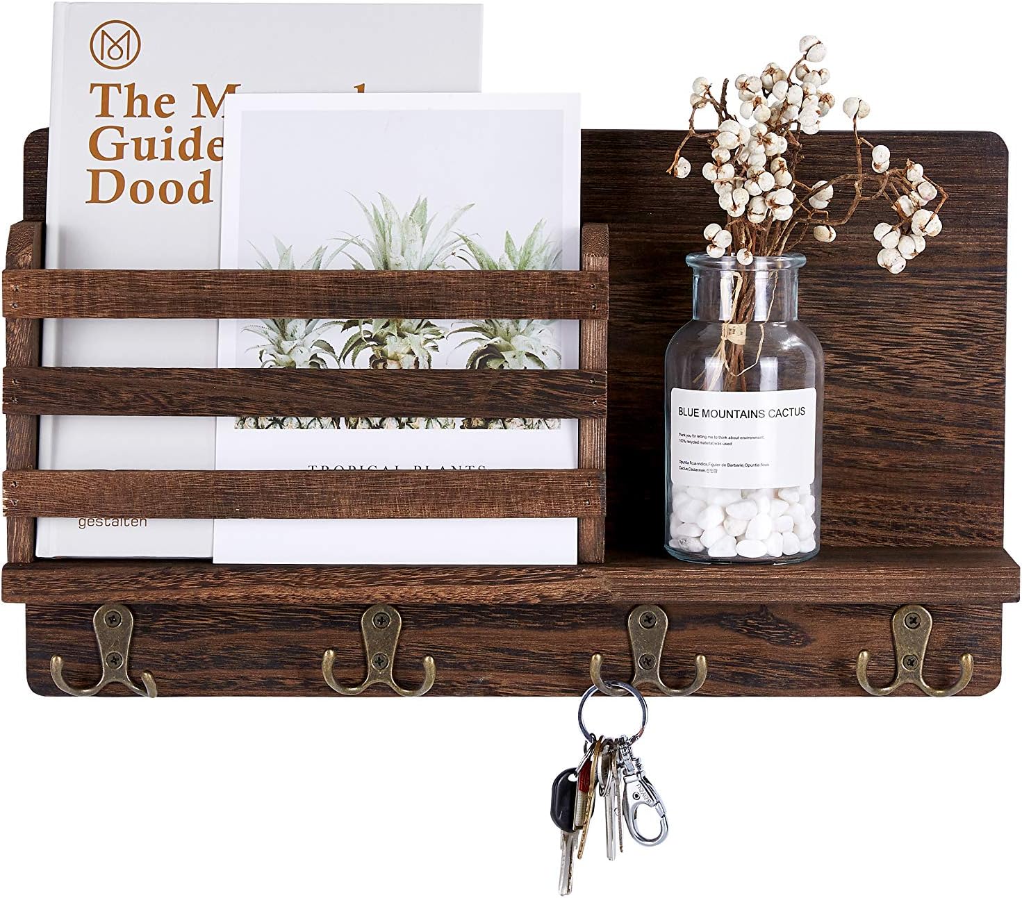 Mimacoo Wall Mounted Key Mail Holder Wooden Mail Sorter with 4 Double Key Hooks and A Floating Shelf Home Decor for Entryway or Mudroom,Dark Brown