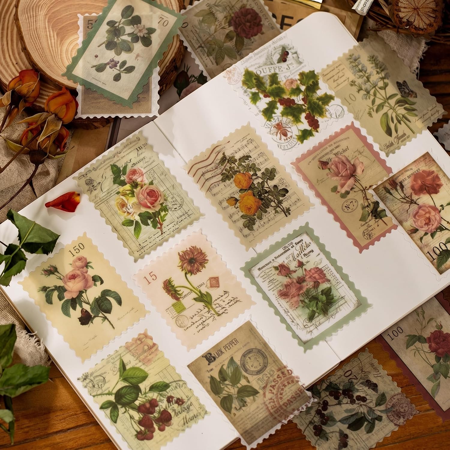 60pcs Vintage Postage Stamp Stickers, Aesthetic Botanical Deco Paper Sticker for Scrapbooking, Journaling Supplies, Planners, Kid DIY Art Crafts, Bullet Journal Ephemera image 3