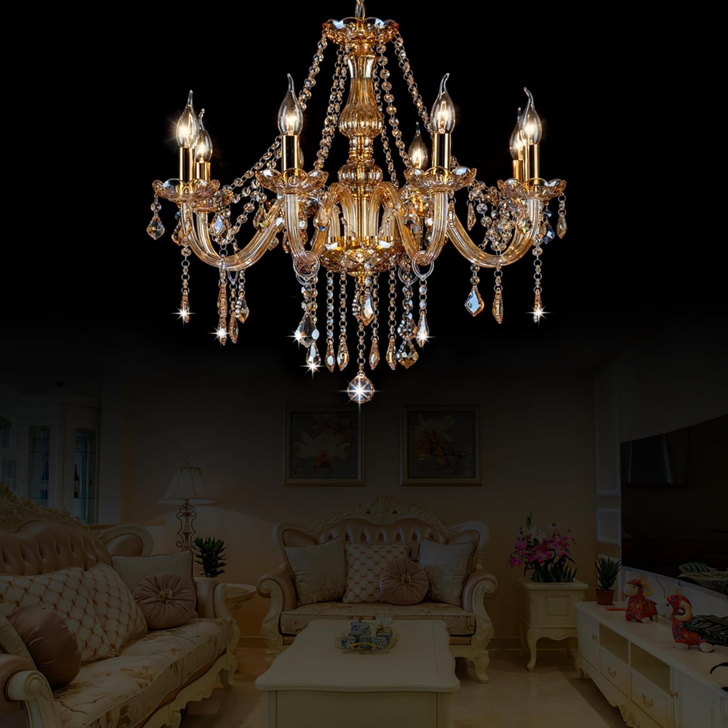 Bagood Champagne 8 Lights K9 Crystal Candle Chandeliers Lighting Candle Chandelier Lighting Modern Pendant Lights for Dining Living Room Bedroom Entry Elegant Decoration E12 Base, H22.8 x W27.2 Inch