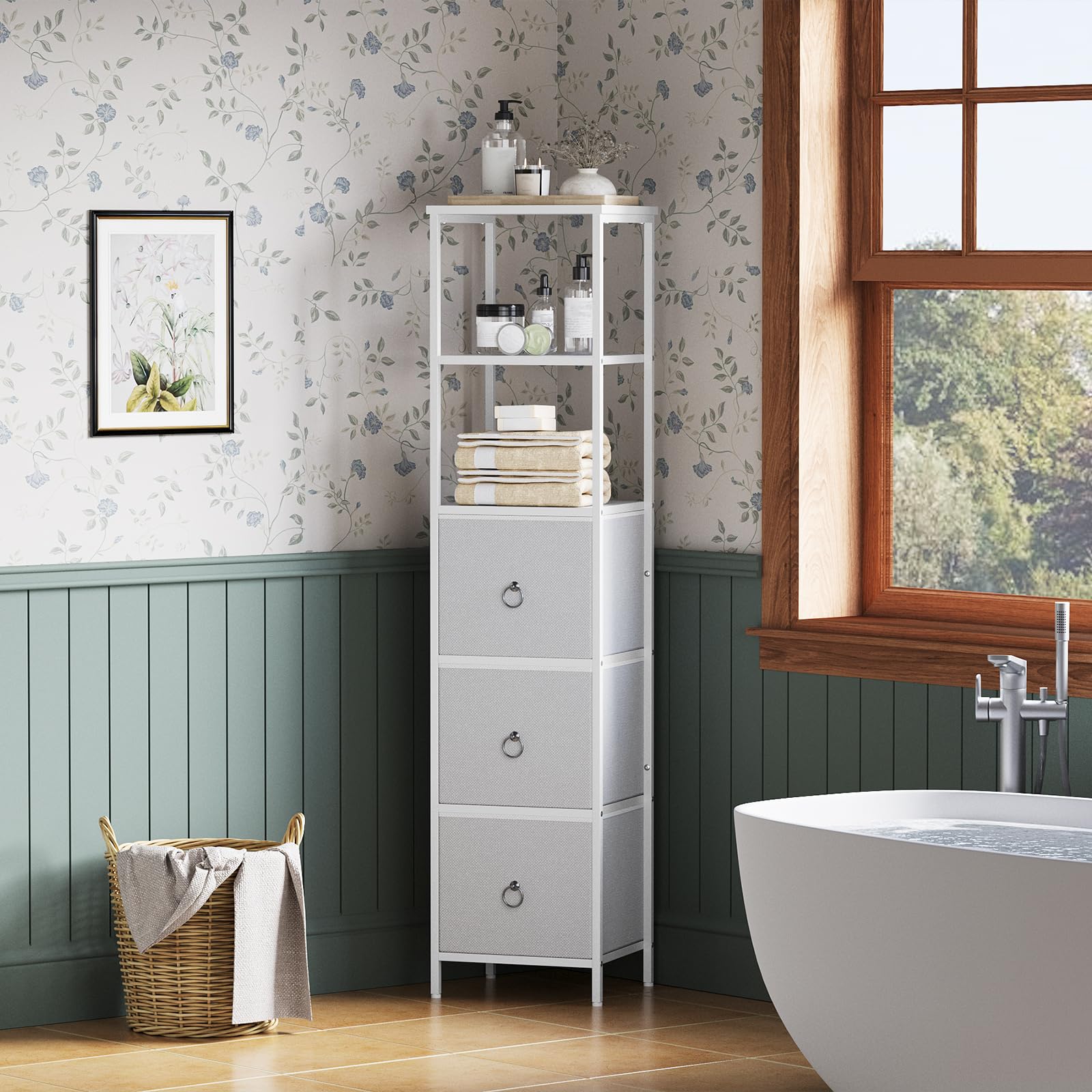 Meuble De Salle De Bain étroit Pour Coin – 3 Tiroirs Tissu, Rangement Ouvert/fermé, Style Industriel Blanc - 4