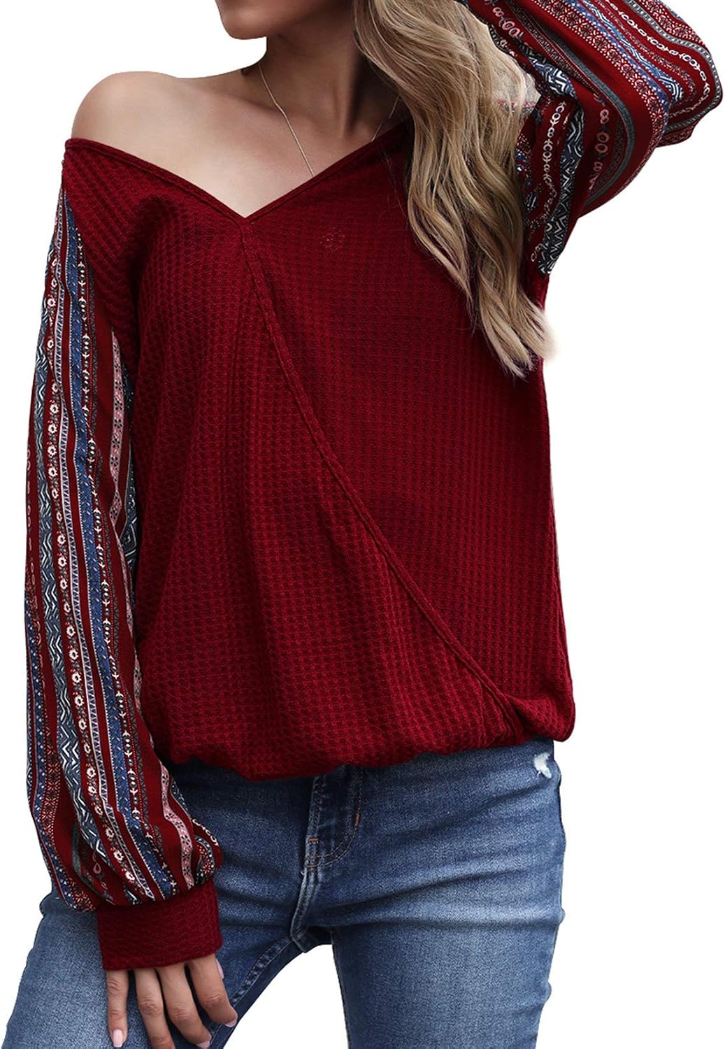 Lu's Chic Women's Wrap Shirts Long Sleeve V Neck Sweater Casual Pullover Loose Fit Knit Tops Red S