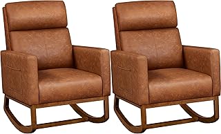 Yaheetech Rocking Chair, Nursery PU Leather Glider Chair with Rubber Wood Legs Side Pocket, Rocking Accent Armchair for Living Room, Bedroom, Brown, 2pcs