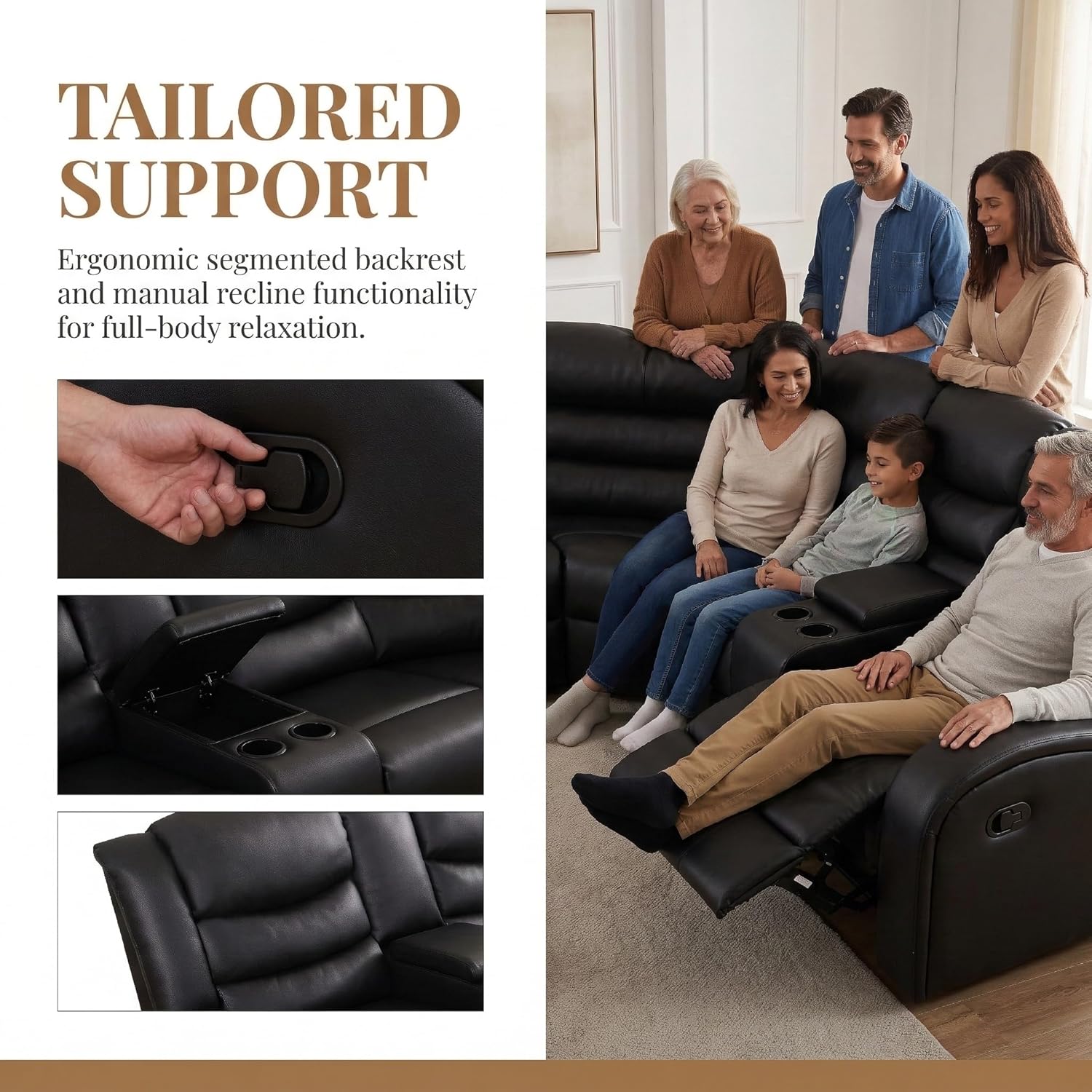 Black Manual Sectional Sofa,5-Seater Manual Recliner Sectional Sofa,Living Room Furniture Set, Breathing Leather Recliner Couch Sets with Cupholders, Cup Holders, Storage for Office/Home