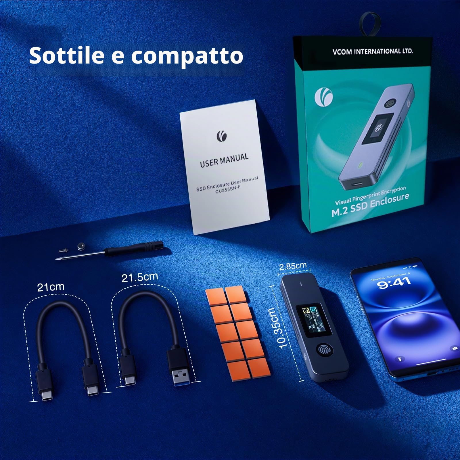 VCOM Enclosure SSD con crittografia delle impronte digitali con schermo LCD, custodia per disco rigido USB 3.2 Gen2 da 10 Gbps, supporto M.2 NVMe e SATA SSD, unità esterna crittografata hardware per