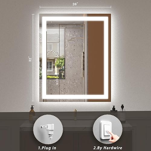 Miniatura 2 de Espejo LED de 26 x 32 pulgadas para baño, espejo de tocador iluminado para pared, regulable, antivaho, a prueba de roturas, certificado ETL (luces