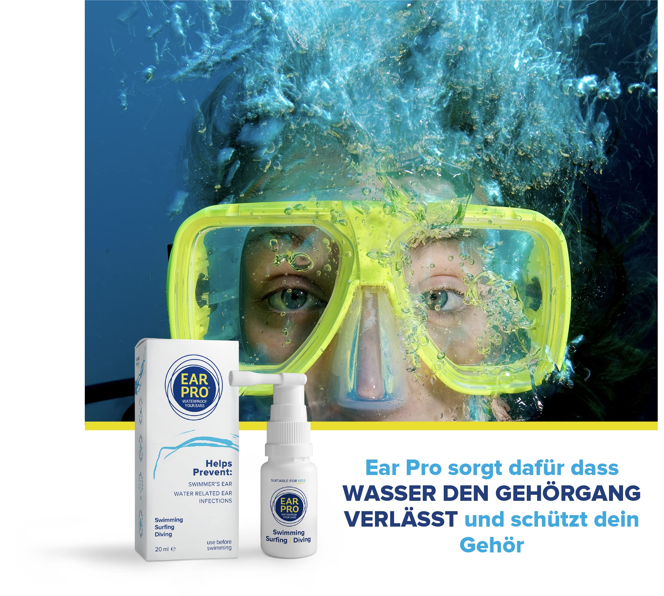 Ear Pro Ohrenspray für Kinder & Erwachsene – Schutz vor Wasser im Ohr – Natürliche Alternative zu Ohrstöpseln beim Schwimmen, Surfen, Tauchen – Bis zu 200 Anwendungen