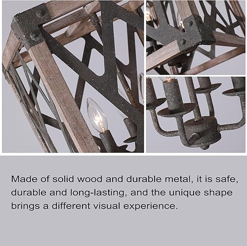 Miniatura 6 de 4 luces colgantes de metal negro de madera para isla de cocina, jaula cuadrada moderna de granja rústica para comedor, lámpara de araña rectangular