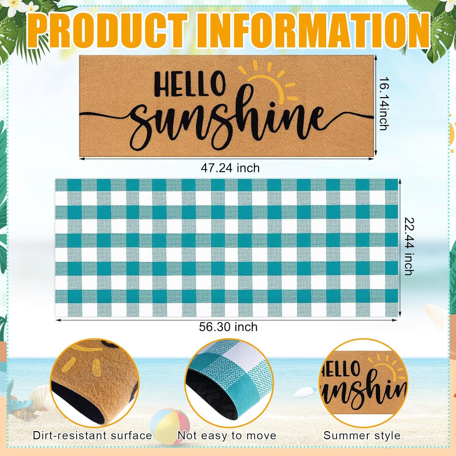 Tinideya 2 Pcs Summer Door Mat 17"x47" Hello Sunshine Welcome Non Slip Coir Blue White Plaid Buffalo Mats Large Floor Layering Doormats Seasonal for Front Porch Entryway Decor(Hello Sunshine)