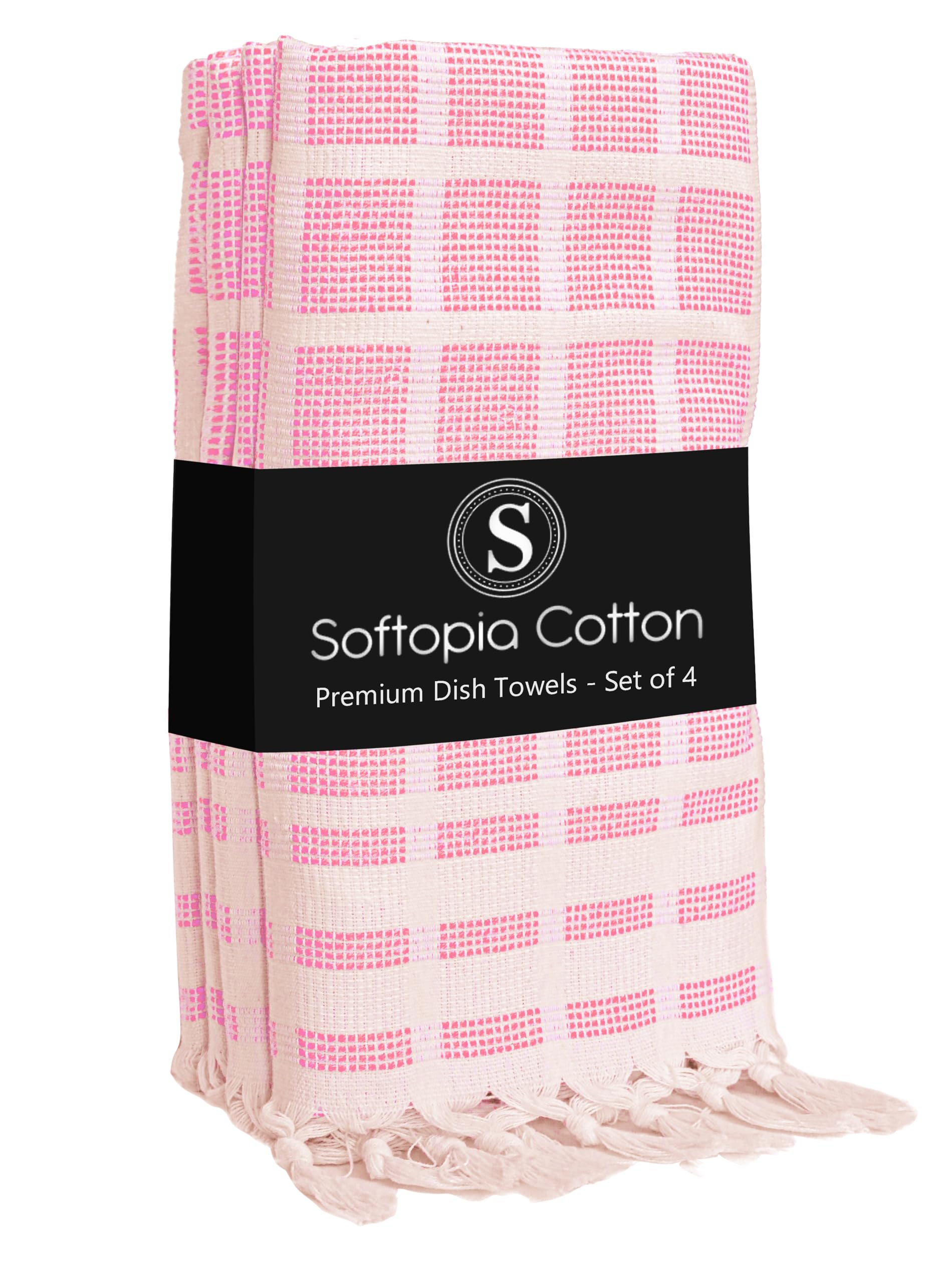 Matrix Dobby Kitchen Towels 4 Pack 100% Cotton, 16x26 Inches, Dish Towels with Knotted Tassels, Reusable and Washable Cloths for Cleaning, Drying Dishes - Rose Pink, Natural