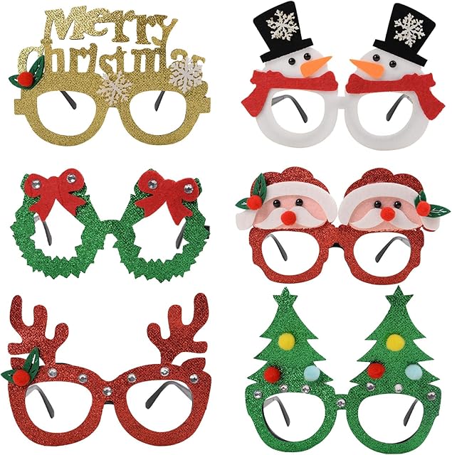 KEYIDO Christmas Novelty Glasses Glitter Christmas Glasses Frame for Kids and Adults Christmas Fancy Dress Costume Decoration Novelty Christmas Gifts 6 Pack