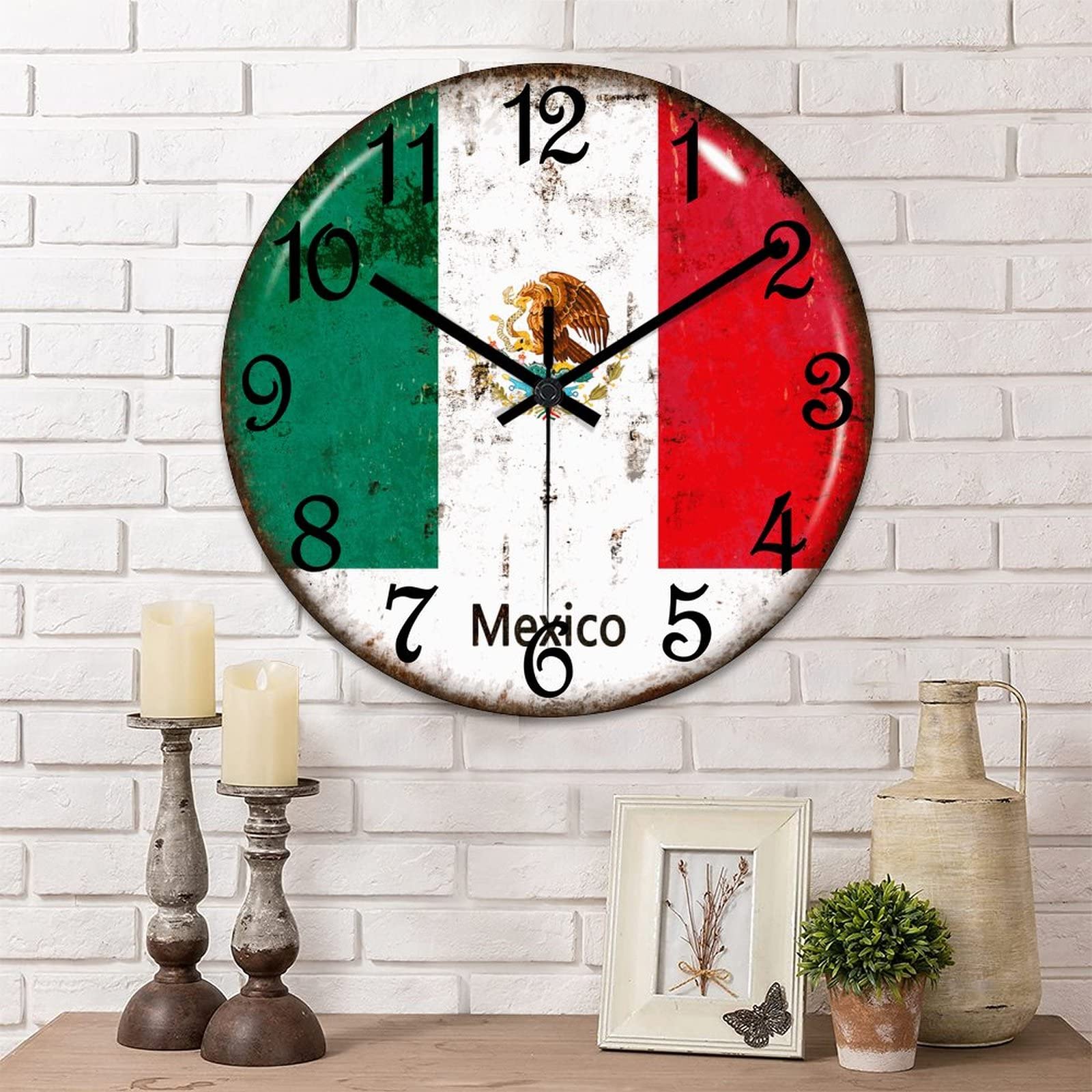 Horloge murale ronde avec drapeau du Mexique 38 cm silencieuse pour salon maison et bureau