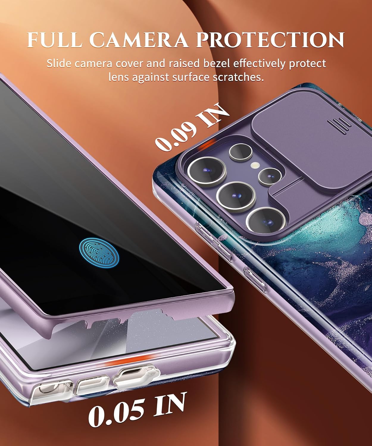 GVIEWIN for Samsung Galaxy S24 Ultra Case, [Slide Camera Cover & Built-in Privacy Screen Protector] [2 Front Frame] Military Grade Shockproof Marble Phone Case for S24 Ultra (Floating Cloud/Purple)