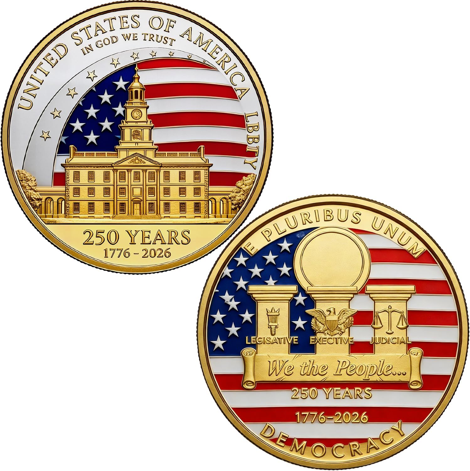 250th Commemorative Coin,2 Inch USA Anniversary Coins,Golden American Challenge Coin,America 250 Years Merchandise for Celebration & Gifts
