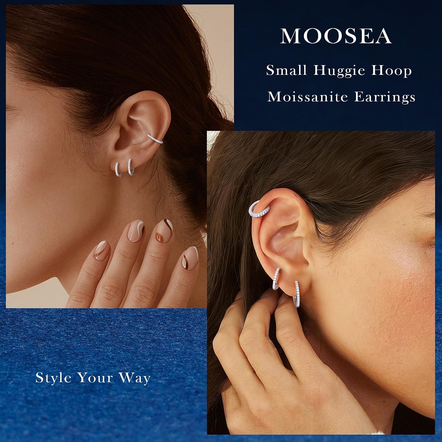 MOOSEA Moissanite Huggie Earrings Set for Women, Solid 925 Sterling Silver Moissanite Hoop Earrings, Hypoallergenic Stackable Jewelry Gift for Women Men Sensitive Ears