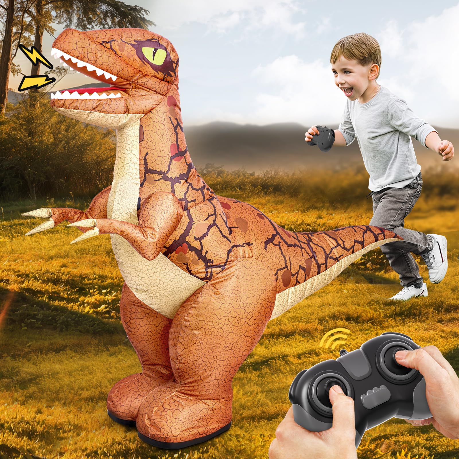 Jovow 2.4GHz Fernbedienung Aufblasbarer Dinosaurier Spielzeug,Elektrischer Dino mit 360° Drehung&Vorwärts/Rückwärts Laufen,Geschenk für Jungen Kinder 6-8 8-12 Jahre Geburtstag (Brown)