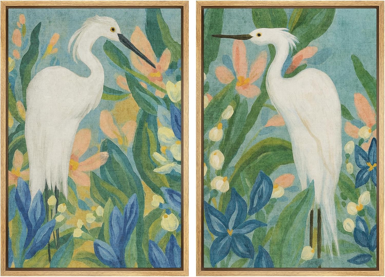 SIGNWIN Framed Canvas Print Wall Art Set Botanical Herons with Floral Jungle Tropical Bird Illustrations Modern Art Rustic Relax/Calm for Living Room, Bedroom, Office - 24"x36"x2 Natural
