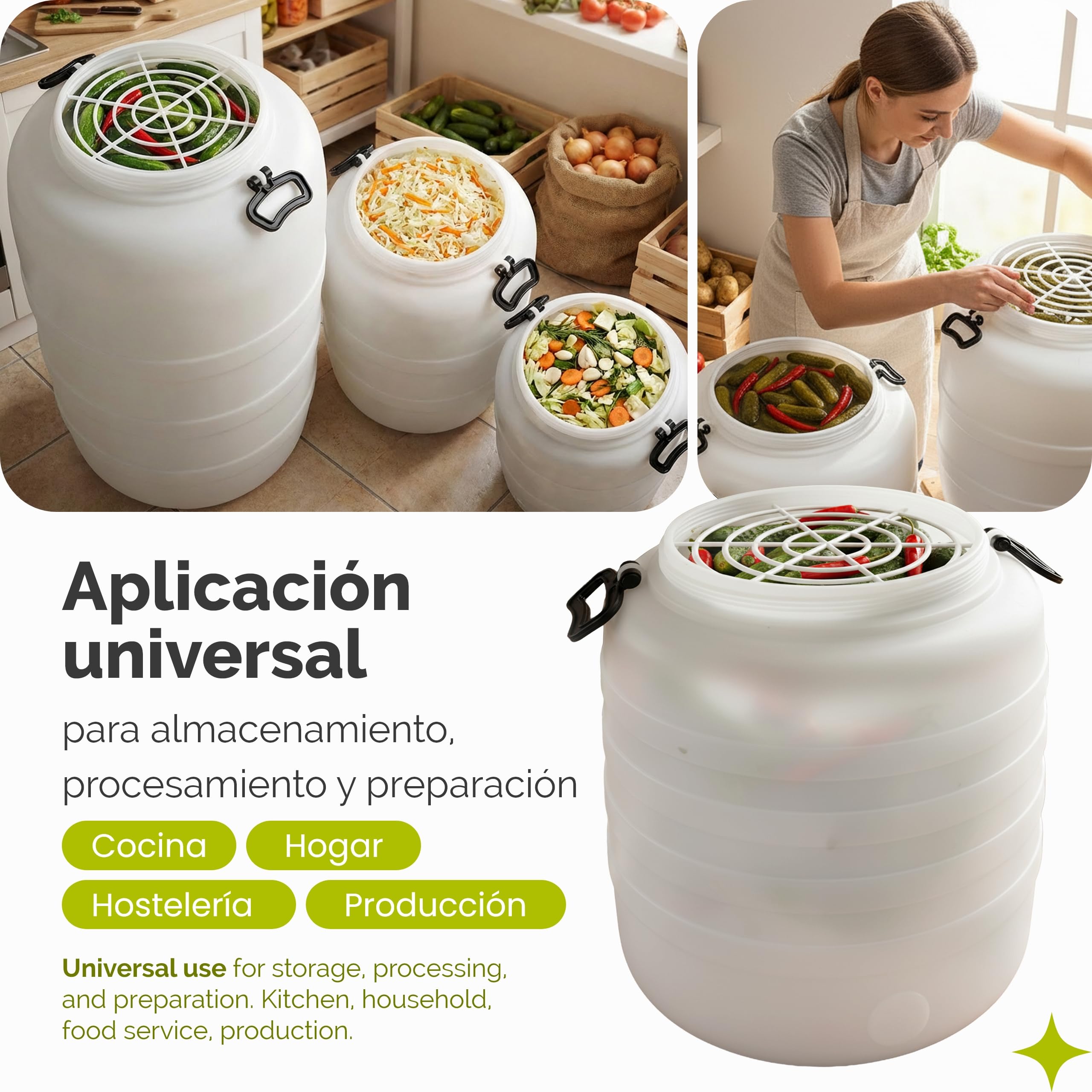 Garronda 120 L + Grifo + Prensa Bidon Barril de Plástico HDPE como Contenedor y Deposito para Agua y Alimentos para Almacenamiento, Fermentación y Recogida de Lluvia GD-0187 Blanco
