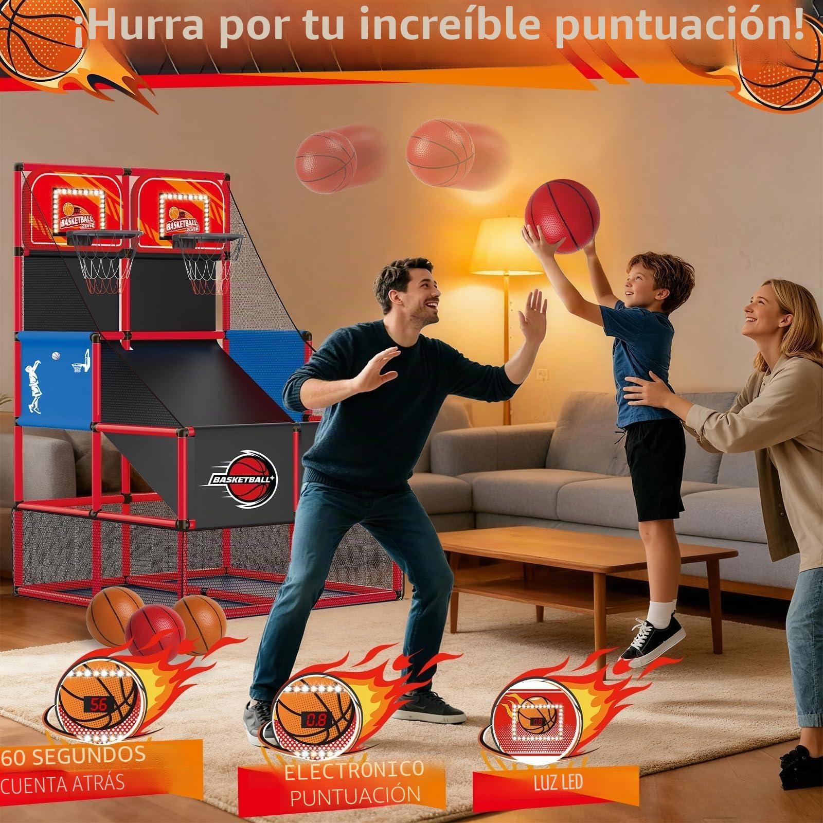 Juego de Baloncesto Electrónico Doble Cesta con Tabla de Puntuación - Cesta de Baloncesto Infantil 6 Bolas - Juguete Deportivo Interior/Exterior Regalo para Niñas Niños 3 4 5 6 7 Años Rojo