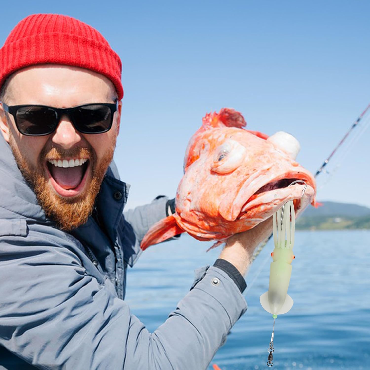 Saltwater Squid Fishing Lures LED Lighted Squid Jig Glow in Dark Deep Sea Trolling Lures with 6/0 Hook Halibut Lincod Jig