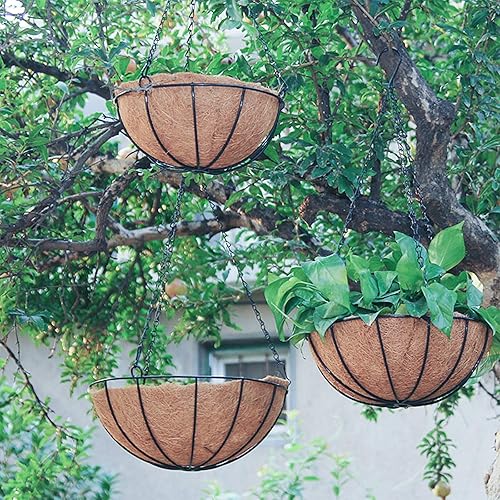 Miniatura 7 de Juego de 3 macetas colgantes de metal, cadena de 12 pulgadas, soporte redondo de alambre para plantas con forro de fibra de coco y fibra de coco,