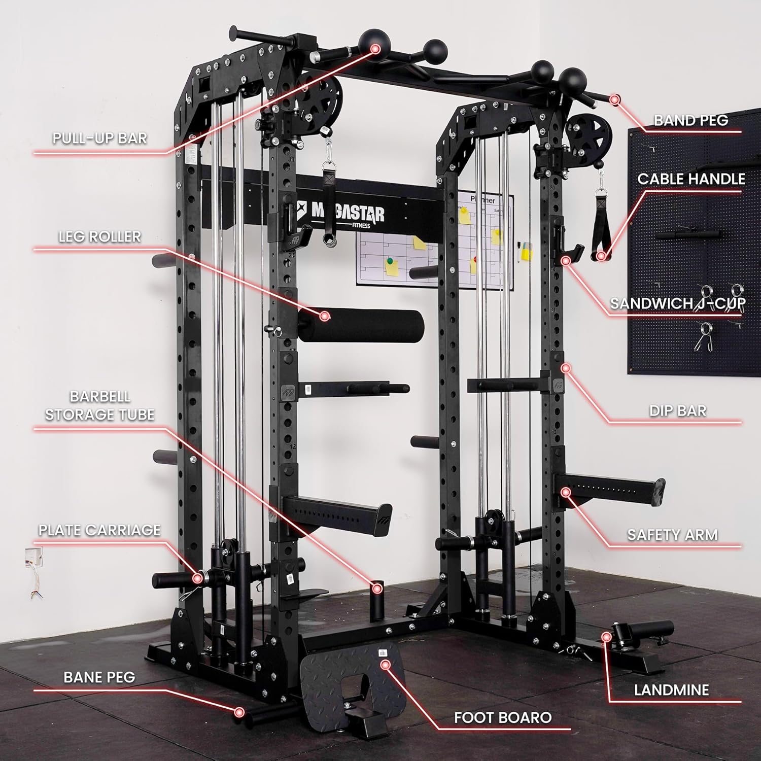 2"x3" Power Cage with Dual Cable Crossover, Leg Roller & Storage System, 12-Gauge Steel Home Gym Rack with 33 Numbered Adjustment Holes, Includes 12 Professional Training Accessories