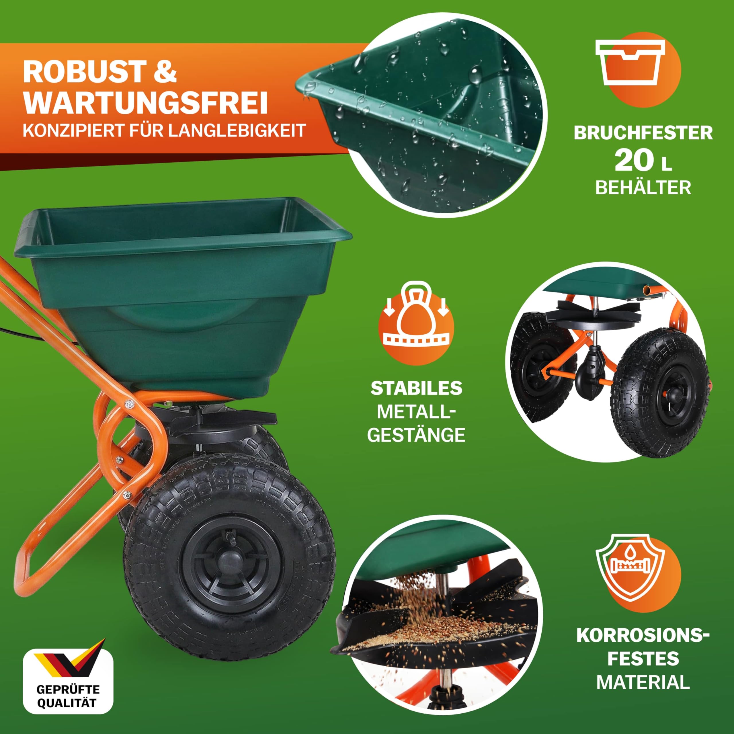 GARDEBRUK® Streuwagen 20 L Streumenge einstellbar XXL Luftreifen - Saatgutstreuer Streuer für Salz Dünger Rasen Saatgut