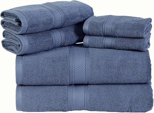 Vista 22 de HILLFAIR Juego de 12 toallas de algodón de 21.16 oz/m², 2 toallas de baño, 4 toallas de mano, 6 toallas de baño, toallas absorbentes de algodón Azul