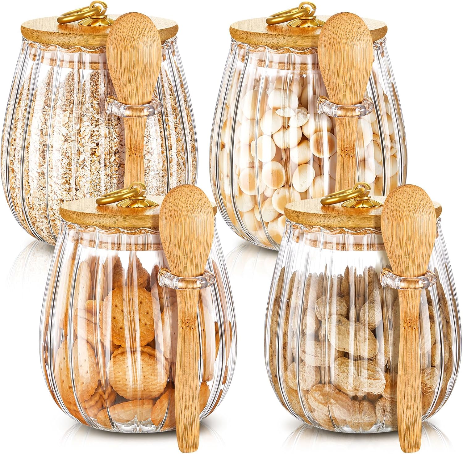 Pinkunn Juego de 4 tarros de vidrio a rayas de vidrio con cucharas de bambú de 20 onzas líquidas para avena durante la noche con tapas, juego de