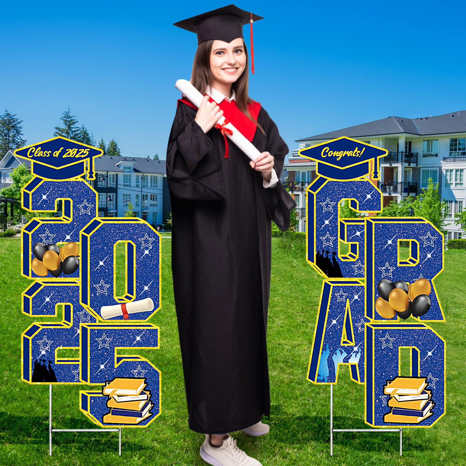 Graduation Yard Signs Class of 2025-3.5Ft Large Congrats Grad Yard Sign Decorations with Stakes Class of 2025 Sign for Graduation Party Outdoor Decorations Supplies Graduation Lawn Signs-Blue