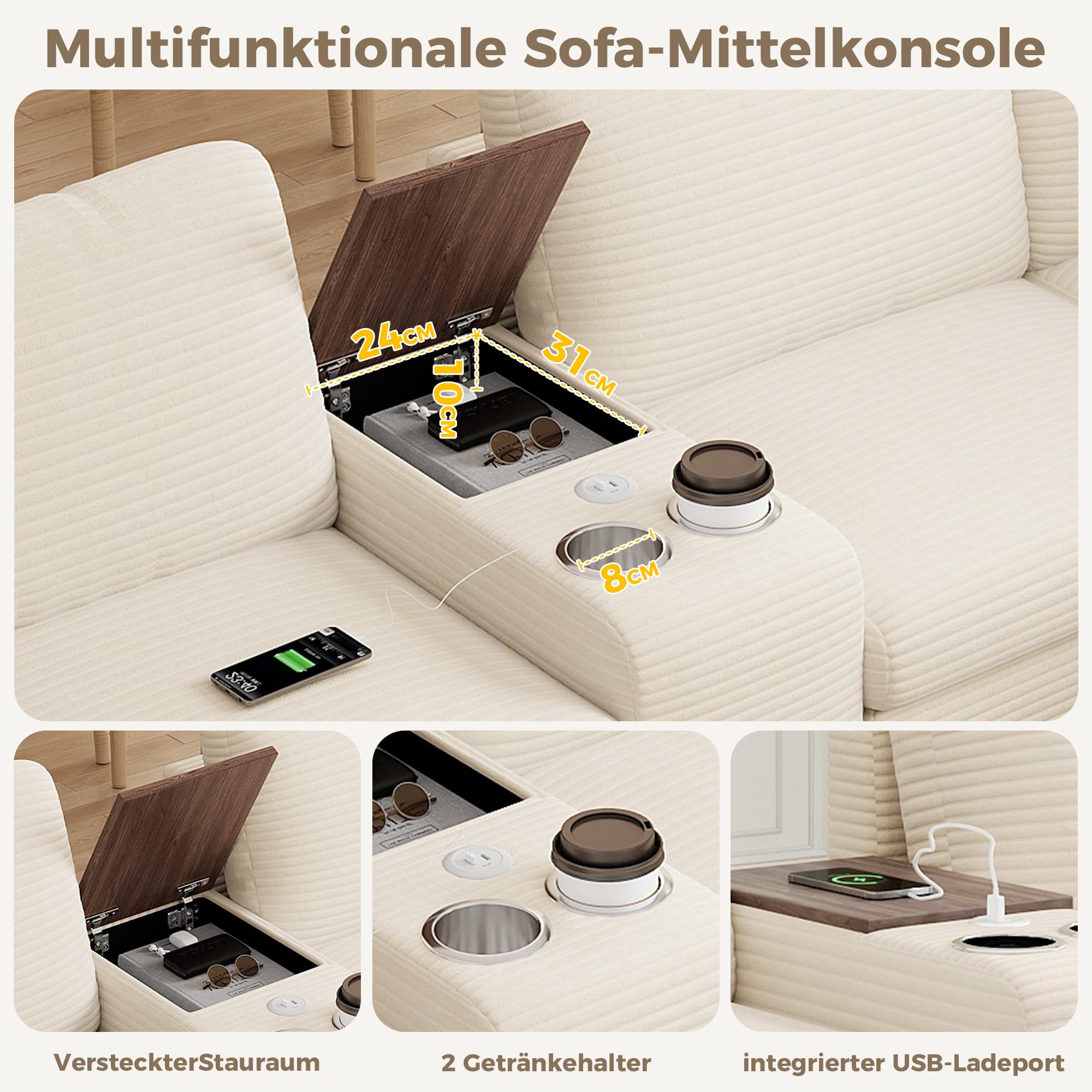 Idemon Sofá esquinero modular U/L de 6 plazas con espacio de almacenamiento, consola central móvil con 2 portavasos, conexión USB/Type-C, compartimentos ocultos y bolsillos para reposabrazos, tela de