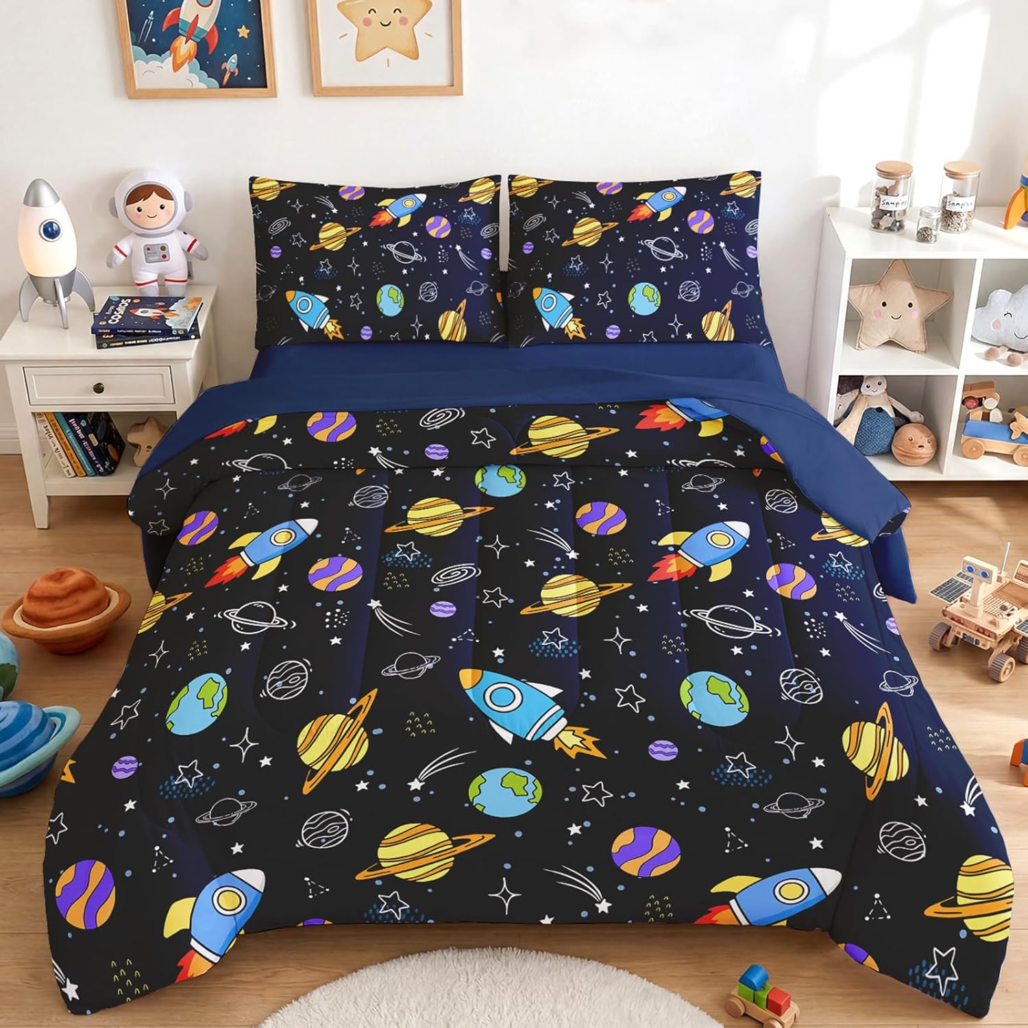 Boys Full Size Space Bedding Set, 5-Piece Kids Comforter Set with Rocket & Planet Design, Soft & Machine Washable, Deep Pocket Sheets for Boys Room Makeover